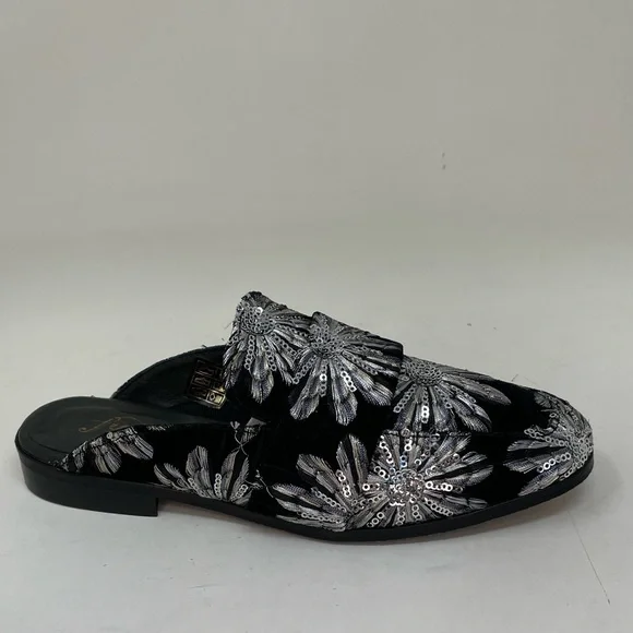 Free People Shoes Black Velvet Mules Silver Embroidered Flowers Size 36 6 - Picture 8 of 14
